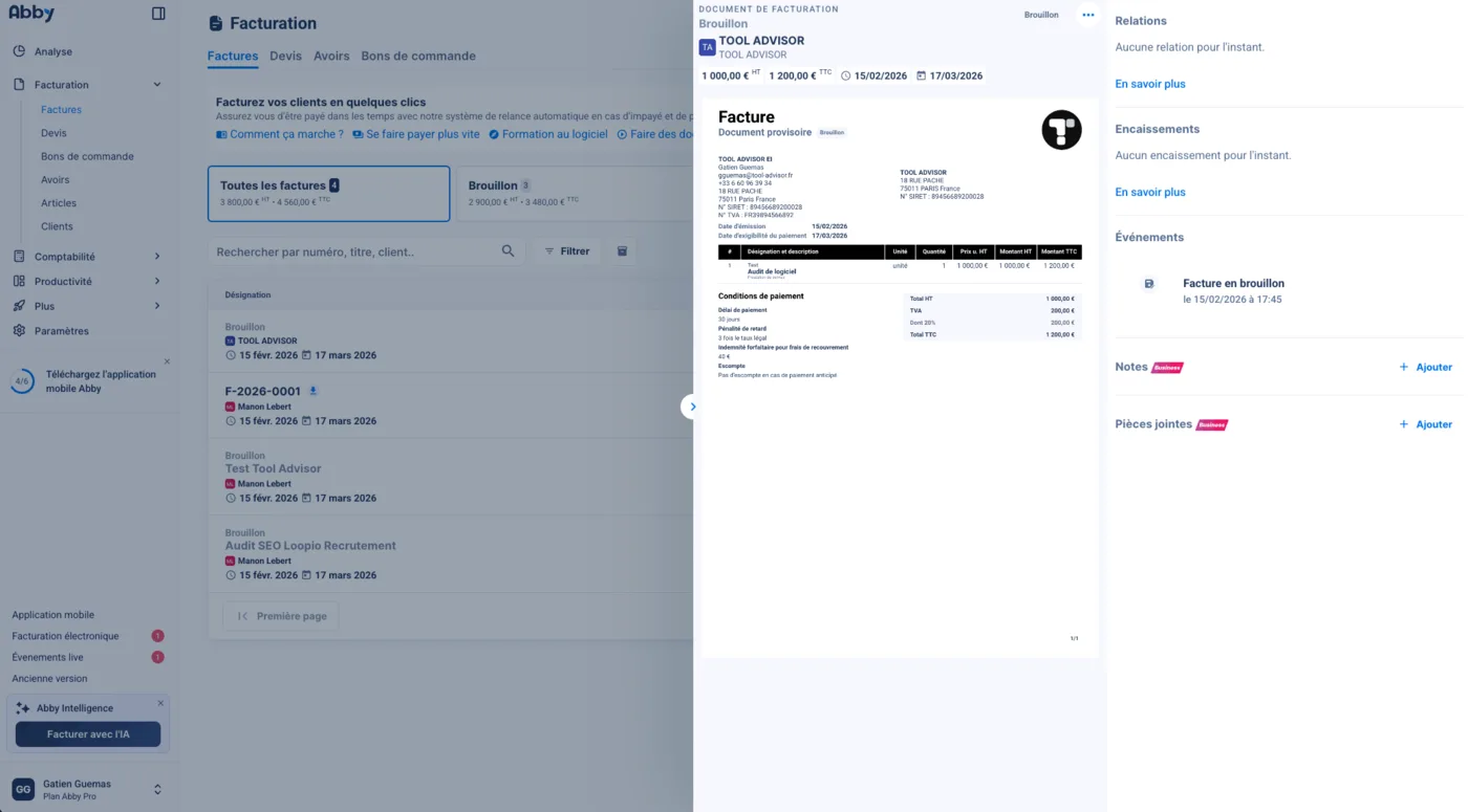 Interface de facturation Abby