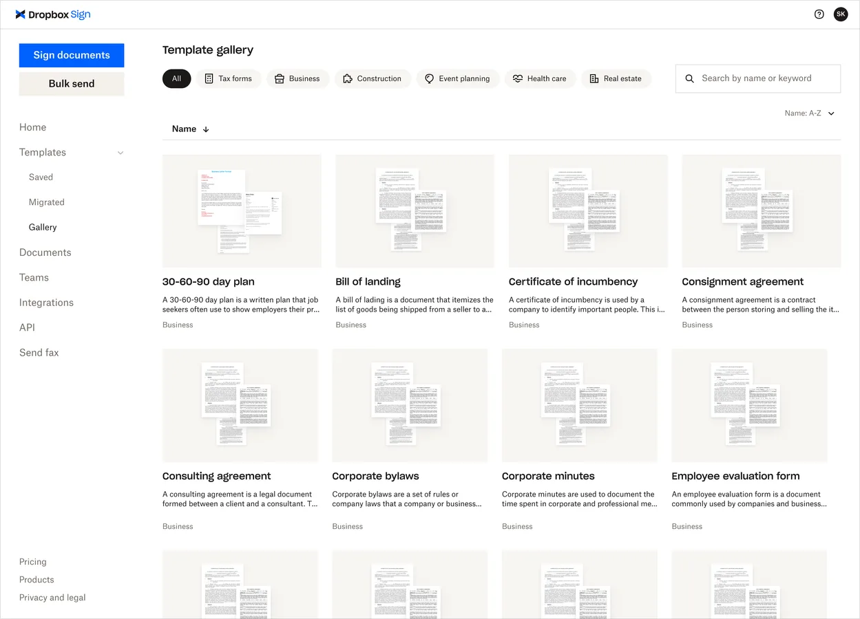 Interface de création de template dans Dropbox Sign avec champs de signature positionnés