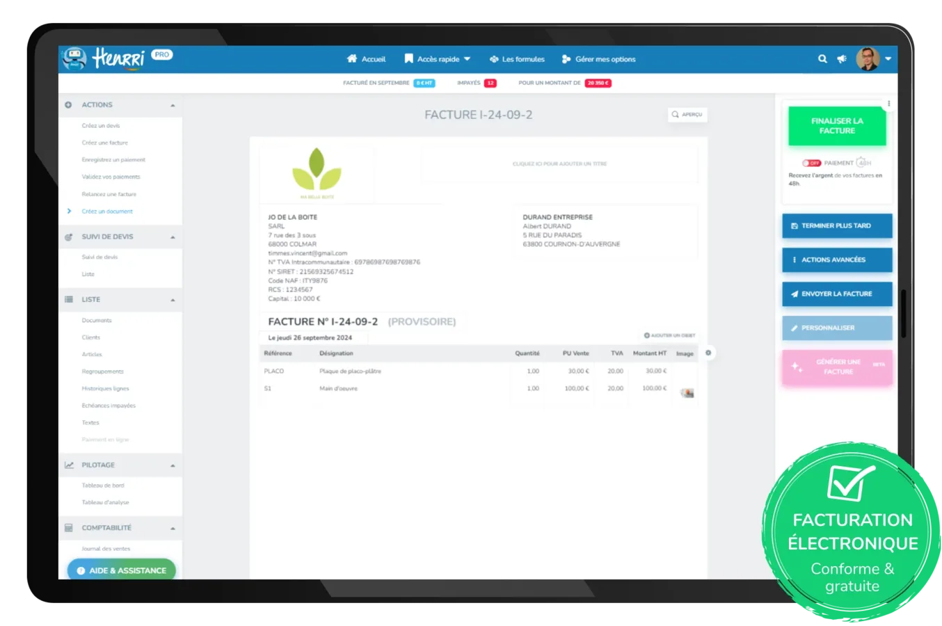 Henrri : facture avec QR code de paiement