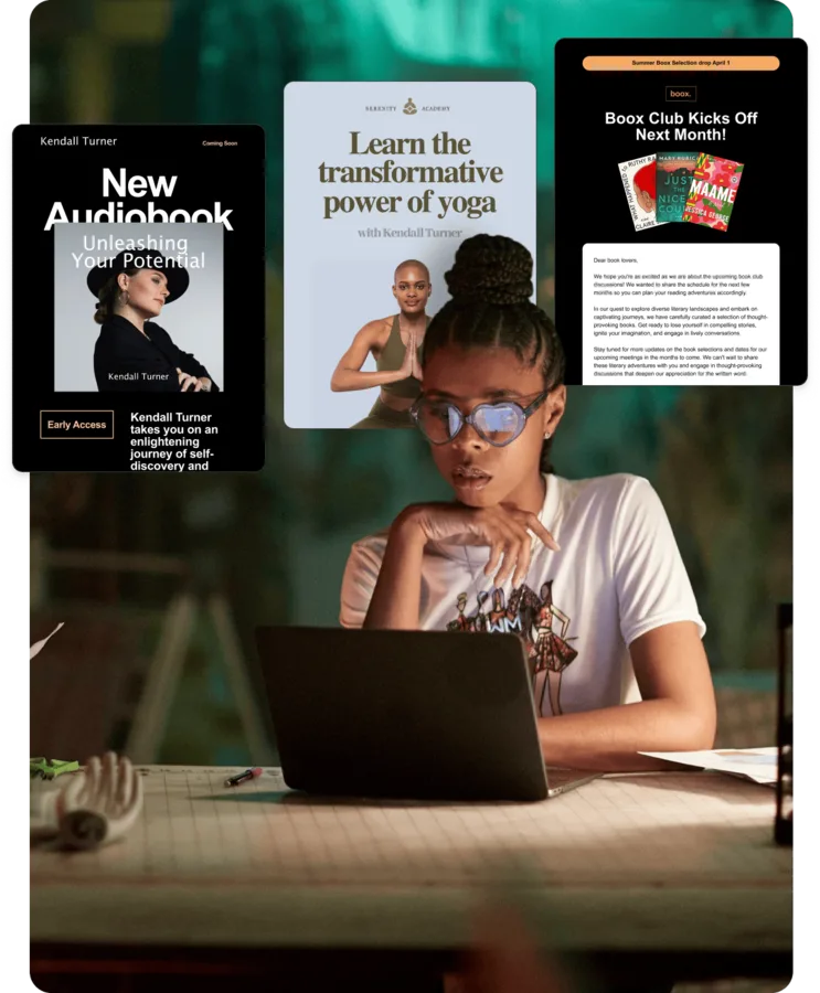 Éditeur d'email Kit : interface minimaliste avec texte, images et boutons