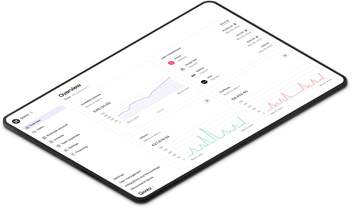Interface du dashboard Qonto avec vue sur le compte pro et les transactions
