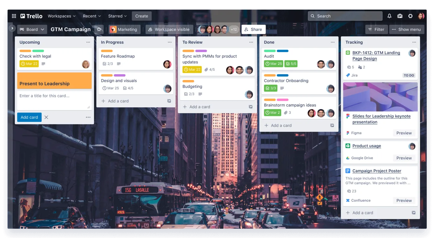 Trello : vue kanban avec cartes, étiquettes et listes
