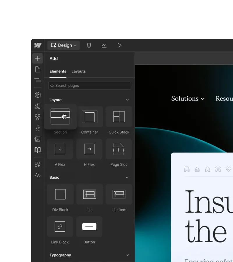 Webflow : éditeur visuel canvas avec panneaux de styles