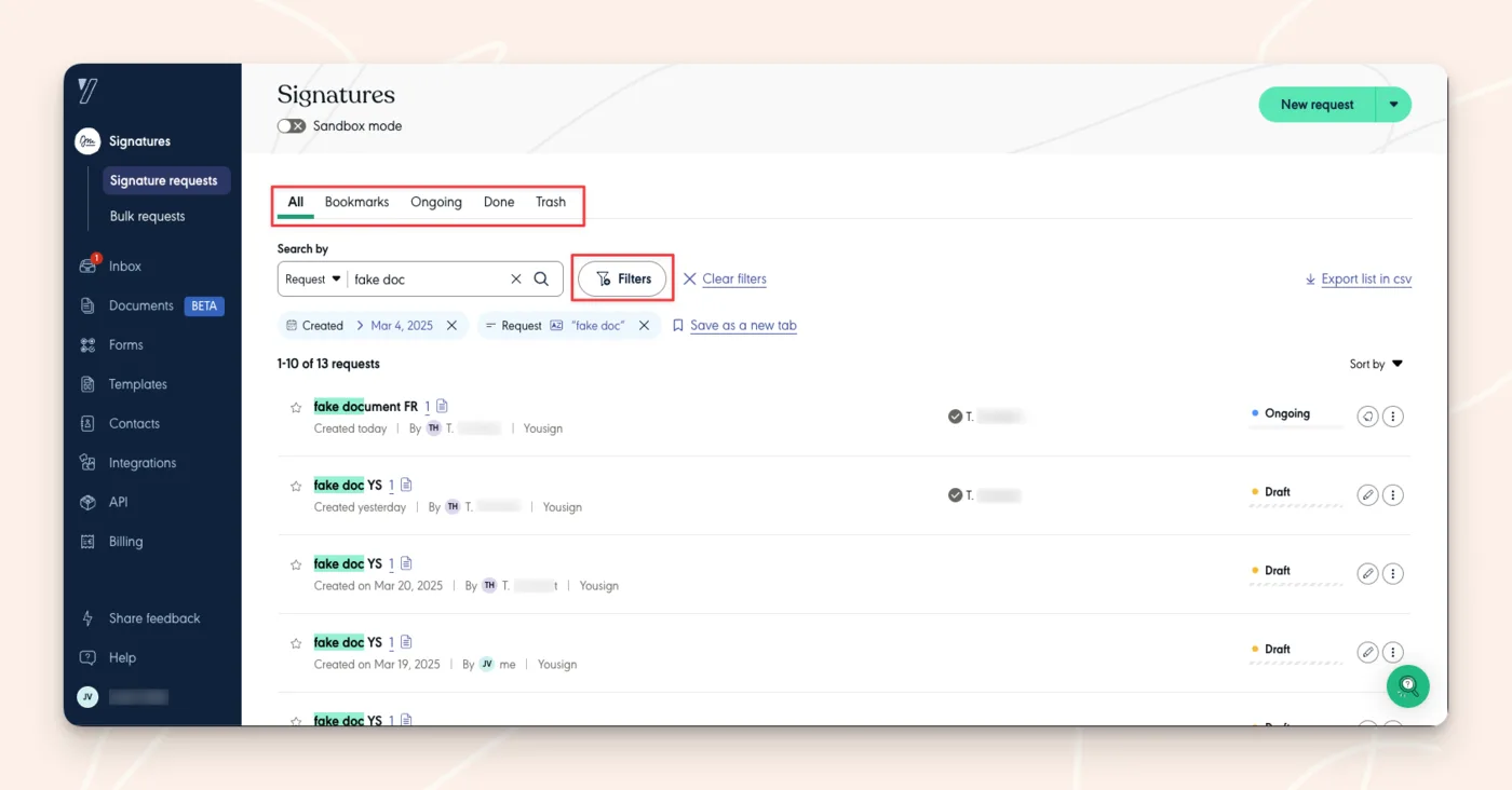 Tableau de bord Yousign avec suivi des signatures en cours